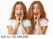 Two women are playfully contorting their faces using their hands, creating comical expressions. Стоковое AI-изображение, AI-художник Данила Большаков / Фотобанк Лори
