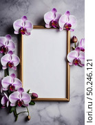Colorful orchid blossoms gracefully surround a blank frame, creating an enchanting atmosphere perfect for showcasing artwork or cherished memories. Nature's beauty meets artistic flair Generative AI. Стоковое AI-изображение, AI-художник Юлия Петровская / Фотобанк Лори