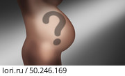 Pregnancy questions and pregnant future mother with a childbirth question mark shadow as a symbol for obstetricians and gynecologists in a 3D illustration style. Стоковое фото, агентство Ingram Publishing / Фотобанк Лори