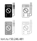 Digital multimeter for measuring electrical indicators AC DC voltage amperage ohmmeter power with probes icon outline set black grey color vector illustration flat style simple image. Digital multimeter for measuring electrical indicators AC DC voltage amperage ohmmeter power with probes icon outline set black grey color vector illustration flat style image. Стоковая иллюстрация, агентство Ingram Publishing / Фотобанк Лори