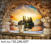 View on St George island from Our Lady of the Rocks through arch. Perast, Montenegro. Стоковое фото, агентство Ingram Publishing / Фотобанк Лори