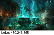 An alchemists workspace, filled with mystical blue vapors rising from potion cauldrons in a medieval laboratory. Стоковое AI-изображение, AI-художник Данила Большаков / Фотобанк Лори