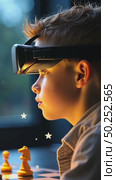 A close-up of a chess coaching session using augmented reality glasses, move possibilities visualized in the air, a young boy chess player look into vr set up. Стоковое AI-видео, аниматор Sergey Grishin / Фотобанк Лори