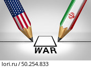 Iranian american war crisis as US military war tension conflict or United States middle east imminent threat risk concept as a security problem due to armed confrontation or economic sanctions with 3D illustration elements. Стоковое фото, агентство Ingram Publishing / Фотобанк Лори
