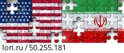 Iran US showdown and middle east clash as a USA or United States crisis in the Persian gulf puzzle concept as an American and Iranian security problem due to sanctions and nuclear deal as a 3D illustration. Стоковое фото, агентство Ingram Publishing / Фотобанк Лори