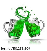 Fresh green beer splashes from two flying beer mugs on a white background with soft shadows and copy space. Happy St.Patrick ’s Day concept.. Two bouncing beer mugs with green drink splashes. Стоковое фото, агентство Ingram Publishing / Фотобанк Лори