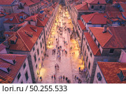 Aerial view of houses with red roofs at night in Dubrovnik, Croatia. Top view of beautiful architecture in old city. City lights, historical centre, buildings, walking people in illuminated streets. Стоковое фото, агентство Ingram Publishing / Фотобанк Лори