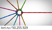 Team joining concept and unity or teamwork concept as a business metaphor for partnership as diverse ropes connected together as a corporate network symbol for cooperation and working collaboration. Стоковое фото, агентство Ingram Publishing / Фотобанк Лори