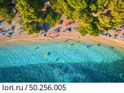 Aerial view of sandy beach with colorful umbrellas, swimming people, clear sea bay with transparent blue water and green trees at sunset in summer. Travel in Croatia, Adriatic sea. Top view. Seascape. Стоковое фото, агентство Ingram Publishing / Фотобанк Лори