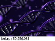 Futuristic rotating DNA strand with genetic codes and abstract geometry pattern on a dark violet background.Concept of science and medicine.. Science biotechnology DNA abstract. Стоковое фото, агентство Ingram Publishing / Фотобанк Лори