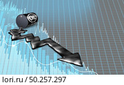 Falling oil price dive and decrease of petroleum costs concept as a barrel with supply and demand shaped as a downward arrow as a metaphor for energy stock market decline with 3D illustration elements. Стоковое фото, агентство Ingram Publishing / Фотобанк Лори