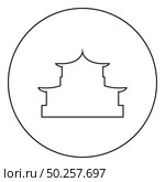 Chinese house silhouette Traditional Asian pagoda Japanese cathedral Facade icon in circle round outline black color vector illustration flat style simple image. Chinese house silhouette Traditional Asian pagoda Japanese cathedral Facade icon in circle round outline black color vector illustration flat style image. Стоковая иллюстрация, агентство Ingram Publishing / Фотобанк Лори