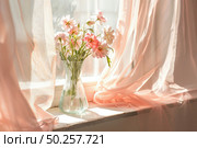 Soft Pastel Floral Arrangement in Glass Vase on Sunny Window Sill. Стоковое AI-изображение, AI-художник Александра Конопля / Фотобанк Лори