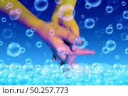 Disease prevention and hand washing hygiene using soap and water to clean dirty contaminated skin to avoid illness or the flu by handwashing and cleaning fingers with 3D illustration style. Стоковое фото, агентство Ingram Publishing / Фотобанк Лори