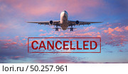Canceled flights in Europe and USA airports. Travel vacations cancelled because of pandemic of coronavirus. Background of flying passenger airplane. Flight cancellation. Aircraft with text. Covid-19. Стоковое фото, агентство Ingram Publishing / Фотобанк Лори