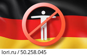 Forbidden sign with crossed out white man on the background of German flag. Restriction of entry into Germany. Coronavirus, Covid 19 pandemic, Quarantine concept.. Warning sign with crossed out man on a background German flag. Стоковое фото, агентство Ingram Publishing / Фотобанк Лори