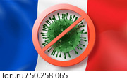 Prohibition sign with crossed out Coronavirus bacteria on the background of French flag. Rapid spread of Coronavirus, Covid 19 in the world. Global calamity. Quarantine concept.. Warning sign with crossed out Coronavirus molecule on the background of French flag. Стоковое фото, агентство Ingram Publishing / Фотобанк Лори