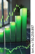 A dynamic 3D graph chart icon with rising bars in emerald green, floating above a dark interface, symbolizing business growth. Стоковое AI-видео, аниматор Sergey Grishin / Фотобанк Лори