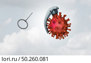 Coronavirus bomb and covid-19 virus pandemic explosion risk as a medical threat and dangerous disease pathogen shapred as a hand grenade as an icon for the dangers of viral infection risk as a 3D illustration. Стоковое фото, агентство Ingram Publishing / Фотобанк Лори