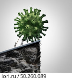 Virus research and pathology medical concept as a group of researcher doctors pushing a 3D illustration of a disease cell over a cliff to destroy the contagion as a metaphor for prevention and treatment. Стоковое фото, агентство Ingram Publishing / Фотобанк Лори