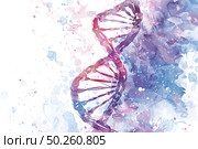 An artistic rendition of a DNA helix using watercolor paints in a blend of vibrant colors, symbolizing lifes complexity. Стоковое AI-изображение, AI-художник Данила Большаков / Фотобанк Лори