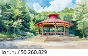 A painting showcasing a gazebo nestled amidst a lush forest of trees. Стоковое AI-изображение, AI-художник Данила Большаков / Фотобанк Лори