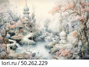 A magical fairytale landscape depicting a fantastic castle surrounded by a forest with curved trees and pastel crowns. Soft, muted tones - pink, blue and gray - create an atmosphere of misty dreams and magic. In the foreground is a winding river with a waterfall, bridges and decorative towers. This illustration is like from a children's fairy tale - perfect for themes of fantasy, magic, coziness and dreams. Стоковое AI-изображение, AI-художник Анна Кривицкая / Фотобанк Лори