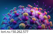 Microscopic image depicting sars-cov-2 virus, the cause of Covid-19, with its spike proteins, demonstrating viral surface features crucial for scientific research and pandemic understanding. Стоковое AI-изображение, AI-художник Андрей Ка / Фотобанк Лори