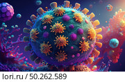Detailed visualization shows Covid virus structure with spiked proteins, intricate surface patterns, and vibrant color schemes enhancing the microscopic complexity in a scientific context. Стоковое AI-изображение, AI-художник Андрей Ка / Фотобанк Лори