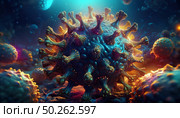 Close-up visualization of a coronavirus particle. Landscape surrounds a central viral structure, emphasizing intricate surface formations. Colors illuminate scene, creating an otherworldly ambiance. Стоковое AI-изображение, AI-художник Андрей Ка / Фотобанк Лори