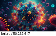 Vibrant depiction of Covid coronavirus structures, microscopic protein spikes, mutations, and intricate details in a colorful, high-resolution close-up view. FLiRT, XEC, Стоковое AI-изображение, AI-художник Андрей Ка / Фотобанк Лори