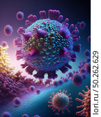 Detailed FLiRT, XEC, Covid image depicting virus particles in various stages, with spikes and asymmetrical surfaces. vivid, textured visuals captured in ambient space, illustrating health threats. Стоковое AI-изображение, AI-художник Андрей Ка / Фотобанк Лори