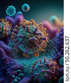 Detailed representation of coronavirus, covid particles interacting with human body cells - FLiRT, XEC viral structures, protein interaction, cellular surfaces, infectious spread, epidemiology focus. Стоковое AI-изображение, AI-художник Андрей Ка / Фотобанк Лори