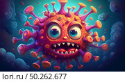 Colorful Covid Coronavirus character navigating surreal microscopic universe, abstract cells. Microbial foes, Infection of FLiRT, XEC, epidemic, pandemic coronavirus. Стоковое AI-изображение, AI-художник Андрей Ка / Фотобанк Лори