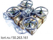 A sketched drone with visible propellers and landing gear is rendered in watercolor, showcasing a blend of technology and art. Стоковое AI-изображение, AI-художник Данила Большаков / Фотобанк Лори