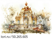 Watercolor illustration of a luxurious baroque pavilion, surrounded by greenery and flowers. The architecture is richly decorated with stucco, columns, domes and statues. The building is located on a terrace with a balustrade, surrounded by vases with flowers. The image is made in soft, pastel colors, creating an atmosphere of fairytale, sophistication and romance. This visual is ideal for interior design themes, architectural aesthetics, historical styles, watercolor art and inspiration for designers. Стоковое AI-изображение, AI-художник Анна Кривицкая / Фотобанк Лори