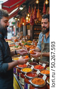 A multicultural food market stall overflowing with exotic condiments, jars of harissa, gochujang, and za'atar catching the light, Стоковое AI-видео, аниматор Sergey Grishin / Фотобанк Лори