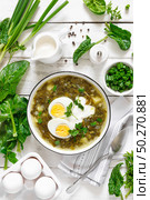 Green sorrel and spinach soup with boiled egg and sour cream on white wooden rustic table, top view. Стоковое фото, агентство Ingram Publishing / Фотобанк Лори