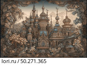A fantasy illustration in the spirit of an old Russian fairy tale with a decorative frame. The image shows a fictional city with majestic temples and palaces crowned with onion domes and turrets. The architecture is inspired by the Old Russian and Byzantine style with ornamental elements. Everything is surrounded by a dense magical forest, trees are intertwined with buildings, creating a sense of a living, fairy-tale world. The illustration is permeated with an atmosphere of mystery, beauty and magic. Suitable for the design of books, albums, board games, postcards and decorative art in the genre of Slavic fantasy. Стоковое AI-изображение, AI-художник Анна Кривицкая / Фотобанк Лори