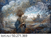 A fantasy illustration in the style of a fabulous Art Nouveau with elements of graphic engraving. In the foreground, there is a graceful girl in a luxurious dress with long sleeves and a complex headdress, standing against the backdrop of a bizarre fantasy city. Her hair flutters in a whirlwind of stylized clouds filled with movement and curls. The architecture in the distance resembles a mixture of Byzantine, oriental and futuristic styles - domes, towers, galleries. The entire composition is saturated with small decorative details, ornaments and a soft color palette with shades of blue, beige and gold. The atmosphere is fabulous, mystical and a little melancholic. Стоковое AI-изображение, AI-художник Анна Кривицкая / Фотобанк Лори