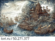 A fantastic engraving-style illustration of a seascape. In the foreground are sailing ships ploughing through stormy waves. In the distance rises a majestic city built on a cliff face, with towers, terraces and domes hidden in clouds and steam. The entire space is depicted in a swirling motion: the sky, water, clouds and architecture seem to intertwine in a single rhythm. The illustration is done in an exquisite and detailed style with hints of steampunk and fantasy. Ideal for book design, games, posters and fairy-tale projects. Стоковое AI-изображение, AI-художник Анна Кривицкая / Фотобанк Лори