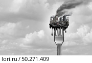 Pollution and food and toxic pollutants in nutrition as eating a contaminated meal as a fork with industrial toxins or climate change affects on the body with 3D illustration elements. Стоковое фото, агентство Ingram Publishing / Фотобанк Лори