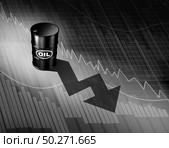 Oil prices falling concept as a barrel of crude petroleum casting a downward arrow on a financial chart as a symbol for declining fossil energy due to oversupply and overproduction as a 3D illustration. Стоковое фото, агентство Ingram Publishing / Фотобанк Лори
