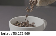 In a white cup, pour the roasted coffee beans from the bag around a dark background. Slow motion, Full HD video, 240fps, 1080p.. Roasted coffee beans poured from the bag, in a cup around a dark background. Стоковое фото, агентство Ingram Publishing / Фотобанк Лори