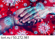 Covid-19 and seniors as elderly coronavirus outbreak patient with caregiver concept as a medical Intervention as a health care symbol as the hand of an old person with 3D illustration elements. Стоковое фото, агентство Ingram Publishing / Фотобанк Лори
