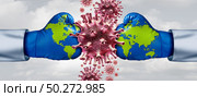 Global health strategy and virus vaccine or flu and coronavirus medical fight disease control as the international community doctors fighting contagious cells with 3D illustration elements. Стоковое фото, агентство Ingram Publishing / Фотобанк Лори