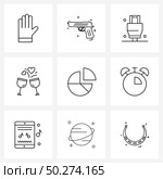 Modern Vector Line Illustration of 9 Simple Line Icons of glass, cheers, pistol, port, hdmi Vector Illustration. Стоковая иллюстрация, агентство Ingram Publishing / Фотобанк Лори