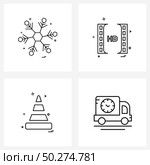Pixel Perfect Set of 4 Vector Line Icons such as Christmas, cone, snowflakes, movie, labor Vector Illustration. Стоковая иллюстрация, агентство Ingram Publishing / Фотобанк Лори
