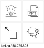 Modern Style Set of 4 line Pictograph Grid based bulb, ppt, idea, file type, expand Vector Illustration. Стоковая иллюстрация, агентство Ingram Publishing / Фотобанк Лори