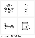 Set of 4 Simple Line Icons for Web and Print such as cog; beds; sprocket; menu button; bed Vector Illustration. Стоковая иллюстрация, агентство Ingram Publishing / Фотобанк Лори